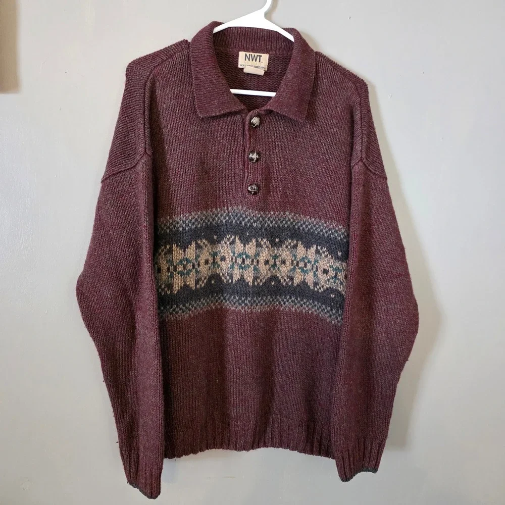Vintage Mens Fair Isle Sweater Size Large Burgundy Knit Polo Holiday Ski